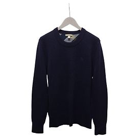 Burberry Marineblauer Rundstrickpullover aus Kaschmir mit Karomuster, besticktem Logo und Ellenbogen-Patches