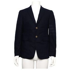 Thom Browne Giacca in lana blu navy a righe con bottoni dorati