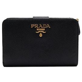 Prada Portafoglio con zip e bottone a pressione da donna in Saffiano nero con logo in metallo dorato