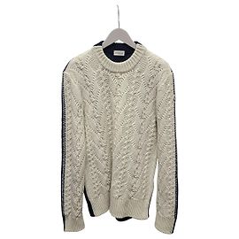Moncler Navy Ivory Zweifarbiger Zopfstrickpullover mit Badge-Logo