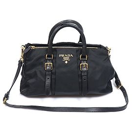 Prada Black Tessuto Nylon Soft Calfskin Lettering Logo