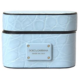 Dolce & Gabbana Custodia Airpods in pelle azzurra con placca logo in metallo