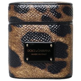 Dolce & Gabbana Custodia Airpods in pelle di vitello leopardata marrone con placca logo in metallo