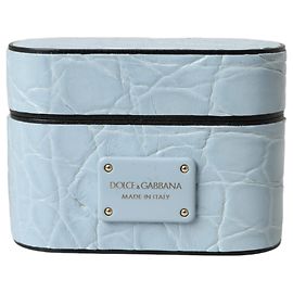 Dolce & Gabbana Custodia Airpods in pelle azzurra con placca logo in metallo