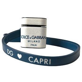 Dolce & Gabbana Capa para Airpods em couro de bezerro branco e azul com logo e alça