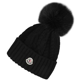 Moncler Logo Pompom Wool Cashmere Beanie Black