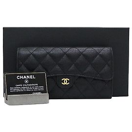 Chanel Portafoglio Long Flap da Donna CC Classic in Caviar Gold