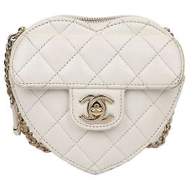 Chanel Picca pochette a catena in pelle d'agnello Heart Bianco Oro
