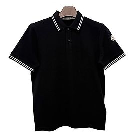 Moncler Camiseta polo de piqué de algodón de manga corta con parche de logotipo y ribetes a rayas (Black)