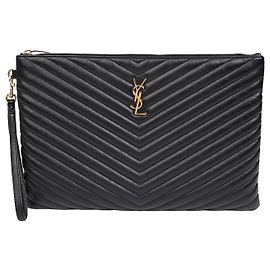 Autre Marque Cassandra Dokumentenhalter aus gestepptem Leder Schwarz mit Gold