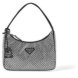 Prada Mini Borsa a Tracolla Hobo in Raso con Logo Triangolare in Cristallo