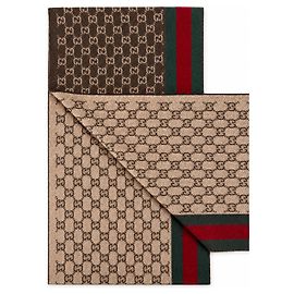 Gucci Monogram Brown Kaschmir- und Wollschal mit grün-rotem Web-Streifen
