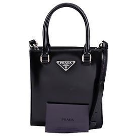 Prada Borsa Tote Small in Pelle Spazzolata con Logo Triangle Nero