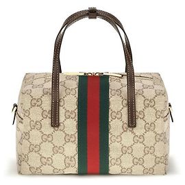 Borsa Gucci Mini Boston beige in canvas GG con striscia Web