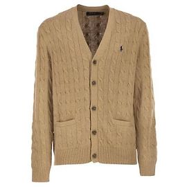 Ralph Lauren V-Ausschnitt Cardigan mit Zopfmuster und Stickerei Braun