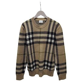 Burberry Malha de gola redonda em cashmere com xadrez tartan bege