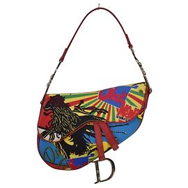 Christian Dior Sac Selle Rasta Mania John Galliano, Toile Reggae et Cuir Rouge, 2003