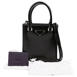 Prada Triangle Logo Small Brushed Leather Tote Bag Black