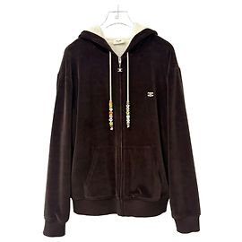 Céline Sudadera con capucha y cremallera de terciopelo marrón