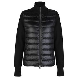 Moncler Cardigã de Lã Acolchoado com Zíper e Patch de Logotipo para Mulher Preto