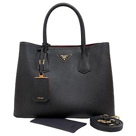 Prada Saco Tote Duplo em Saffiano Bolsa de Ombro Média Preta