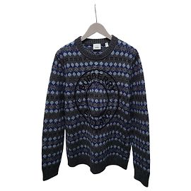 Burberry Malha de cashmere azul cinza com padrão Fair Isle e logótipo aplicado