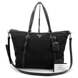 Prada Saco shopper em nylon e couro de bezerro macio com logótipo prateado