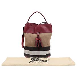 Burberry Bolsa de Ombro Bucket em Lona House Check Medium Burgundy