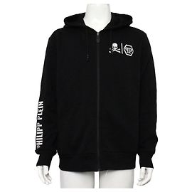 Philipp Plein Herren-Hoodie-Jacke aus Baumwollmischung in Schwarz mit besticktem Totenkopf-Logo