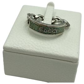 Gucci Anillo de cadena con logotipo esmaltado Silver Green