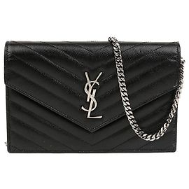 Autre Marque Borsa a Tracolla Wallet Envelope Chain Grand De Poudre Leather Black Silver