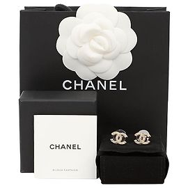 Chanel Brincos Classic CC Logo Crystal Pearl Earrings Gold