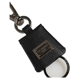 Dolce & Gabbana Chaveiro em pele Dauphine preta com placa de logótipo em metal prateado