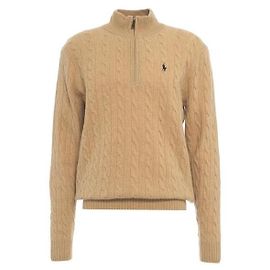 Ralph Lauren Strickpullover mit halbem Reißverschluss, Zopfmuster und Pony-Stickerei Braun