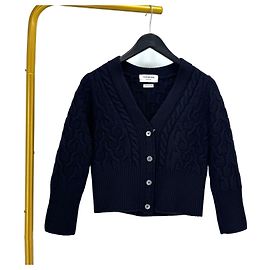 Thom Browne Wollcardigan mit V-Ausschnitt und Zopfmuster für Damen Navy