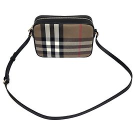Burberry Borsa a tracolla piccola camera in pelle e tela Check Canvas Beige