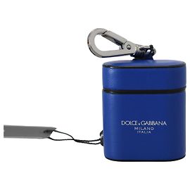 Dolce & Gabbana Custodia Airpods in pelle blu con logo in metallo argentato