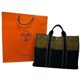 Borsa Tote Vintage Hermès Troca Canvas Fine anni 1990 Olive Black