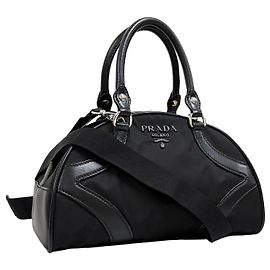 Prada Bolso Tote Bowling de nailon con logotipo, bolso de hombro negro