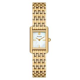 Tory Burch (The Eleanor) Kleine quadratische Damenmetalluhr mit Perlmutt