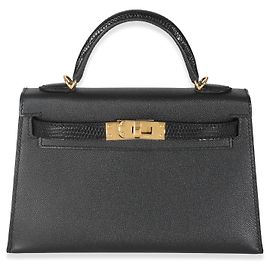 Hermès Black Madame Lizard Touch Sellier Mini Kelly 20 II GHW