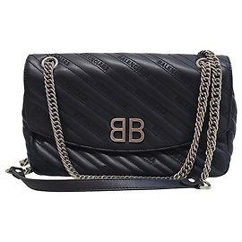 Balenciaga Borsa a tracolla media BB Round Chain in pelle goffrata nera