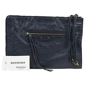 Balenciaga Leather Classic Motor Clutch Bag Blue