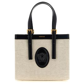 Mini borsa shopping Versace Rivière in lino beige