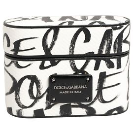 Dolce & Gabbana Custodia Airpods in pelle con logo e stampa monogramma bianco e nero