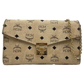 MCM Milly Visetos Coated Canvas Chain Wallet Clutch Shoulder Bag Crossbody Beige
