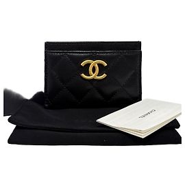 Chanel Tarjetero de piel Caviar con logotipo CC dorado Negro