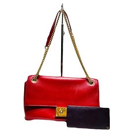 Mulberry Red Leather Gold Metal Lock Detail Chain Bag Flap Bag Shoulder Bag
