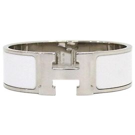 Hermès CLIC Clac breites Armband silberfarben weiß GM
