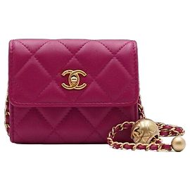 Chanel Mini WOC Kartenetui Crossbody mit goldener Kugelkette in Fuchsia Pink